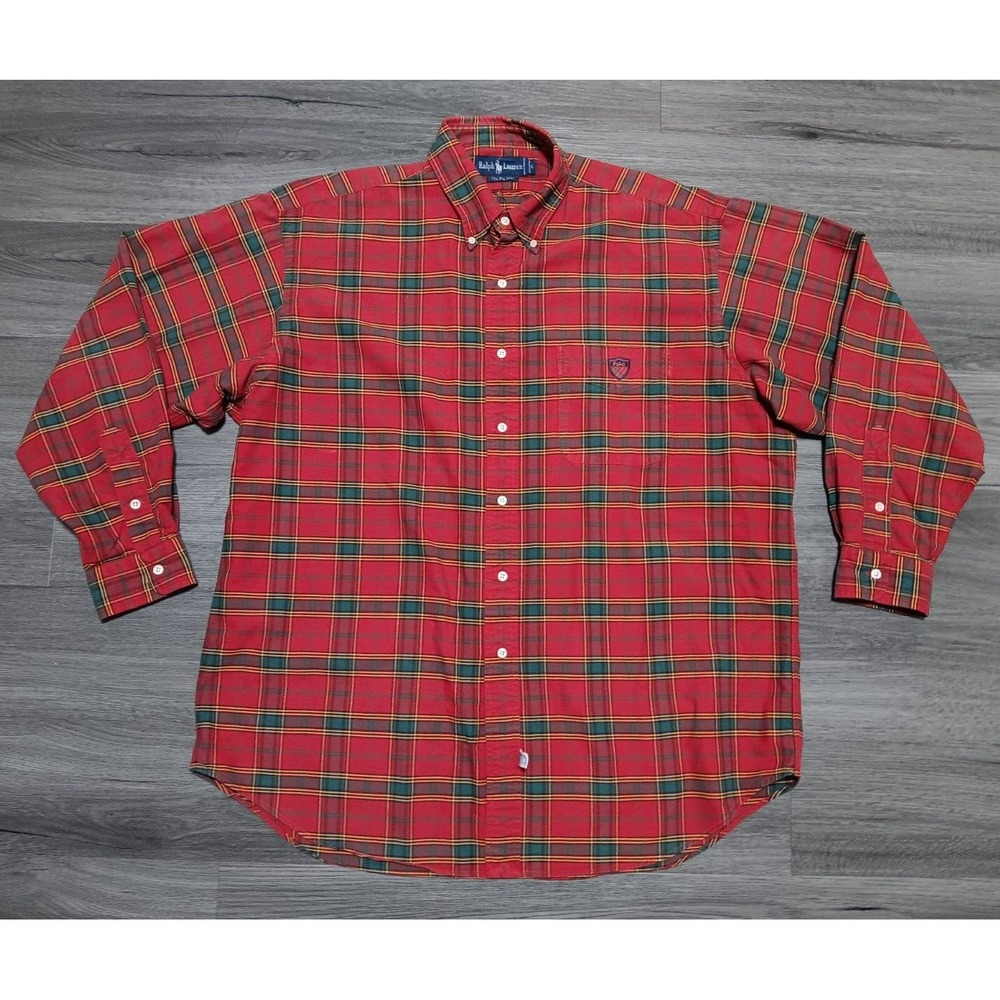 Vintage‎ Ralph Lauren Men's Red Green Plaid Long Sleeve The Big Shirt Size Large